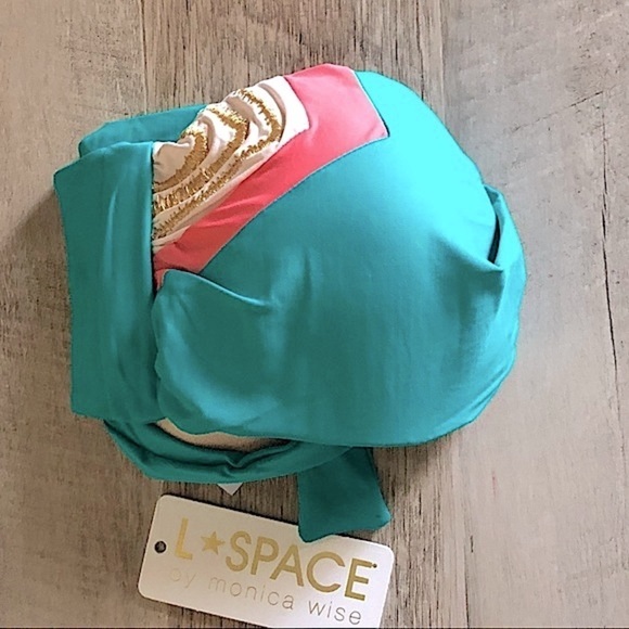 L*Space NWT Twist Colorblock Bandeau Bikini Top M Teal Pink Gold Lurex Strapless - Picture 4 of 9